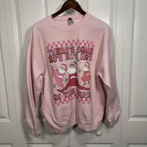Gildan Xmas Sweatshirt Womens L Pink Funny Santa Graphic Holiday Party Tee